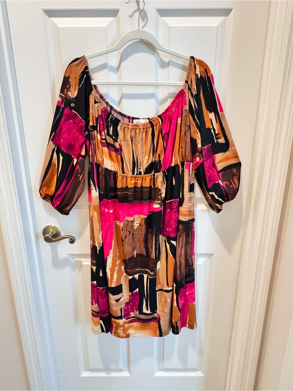 Women's Abstract Print Off-Shoulder Dress in Pink and Brown Empire Waist
